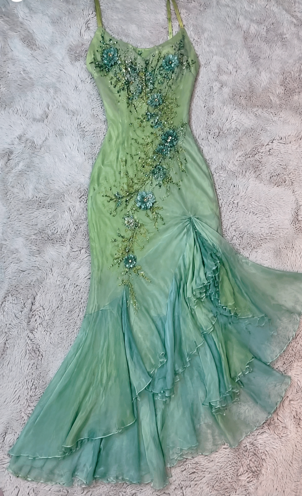 Elegant Spaghetti Straps Sheath Beaded Chiffon Long Evening Dress Green Prom Dress DP05911