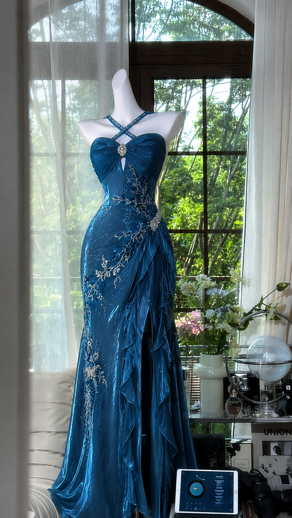 Elegant Halter Sheath Beaded Chiffon Long Evening Dress Teal Prom Dress DP05912
