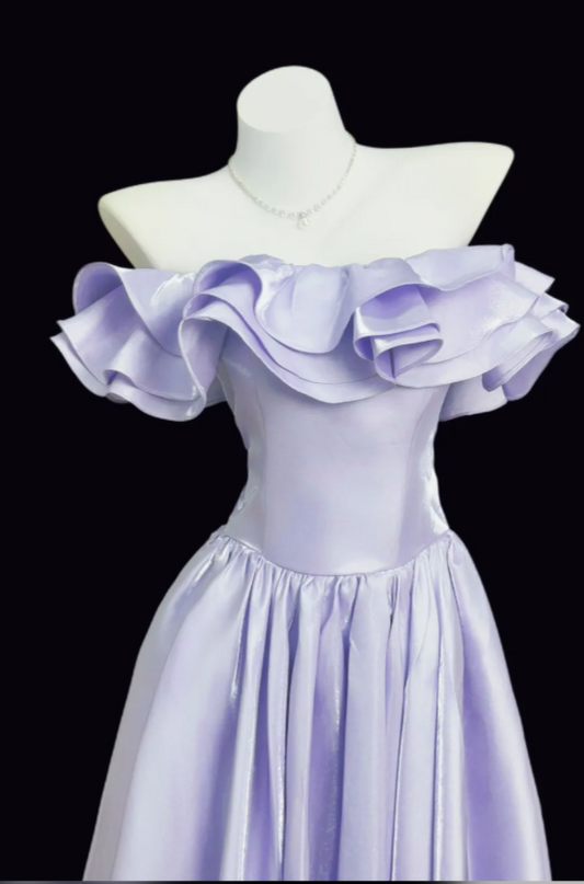 Sweet Off-shoulder A-Line Prom Dress Satin Long Evening Dress Lavender Birthday Dress DP05925