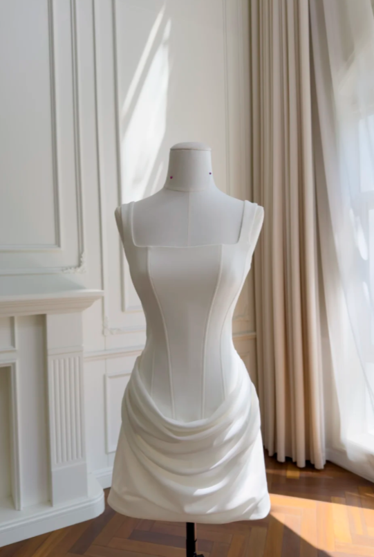 Chic White Short Party Outfit Straps Sheath Satin Birthday Dress DP05946