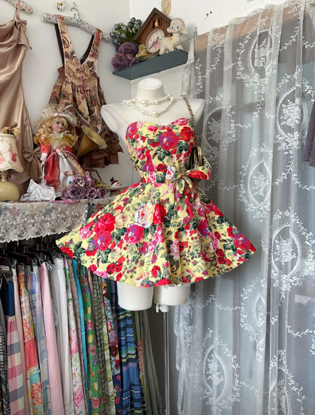 Chic Floral Short Party Outfit Sweetheart A-Line Satin Birthday Dress DP05948