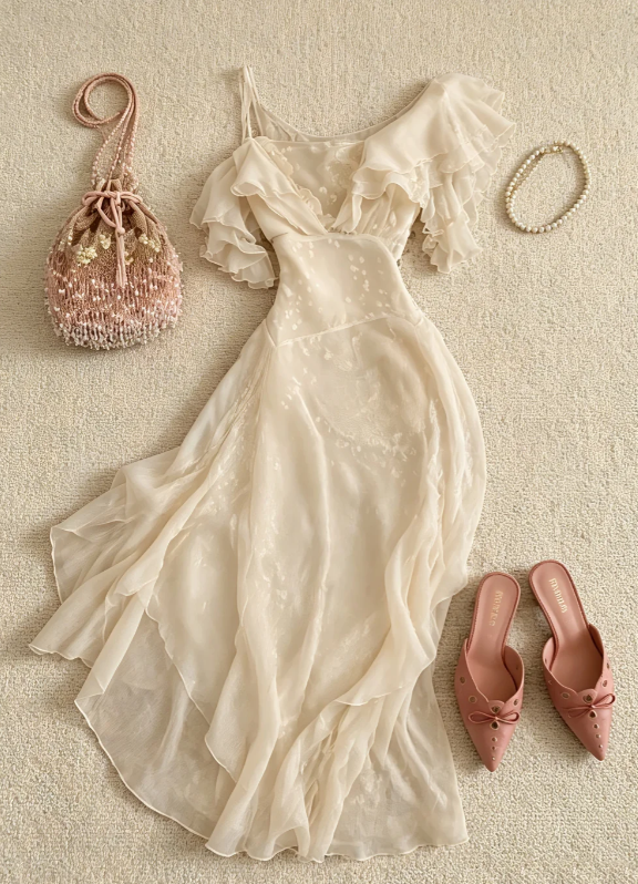 Chic Apricot Summer Party Outfit Off-shoulder Sheath Chiffon Birthday Dress Sleeveless Vacation Dress DP05964
