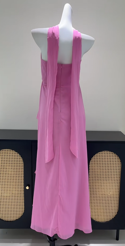 Chic Pink Wedding Guest Dress Strapless Sheath Chiffon Long Evening Dress DP06033