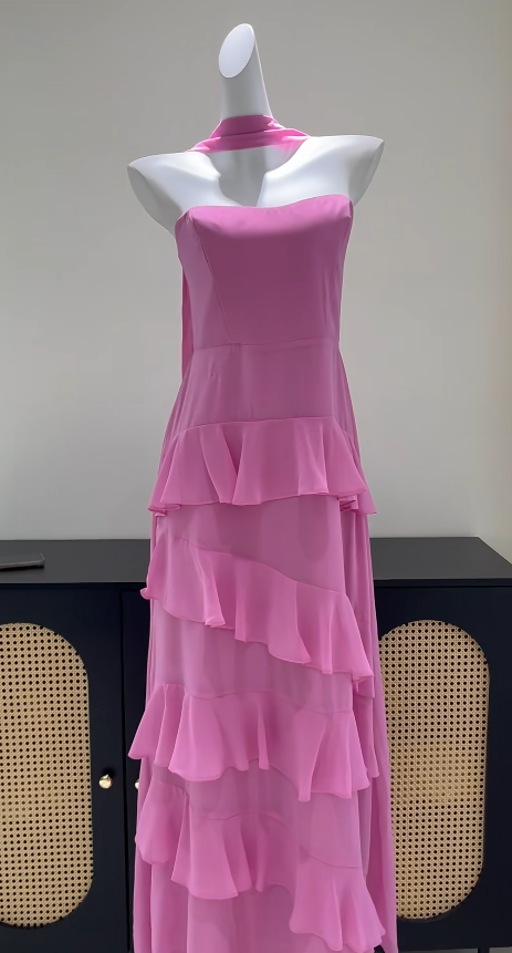 Chic Pink Wedding Guest Dress Strapless Sheath Chiffon Long Evening Dress DP06033