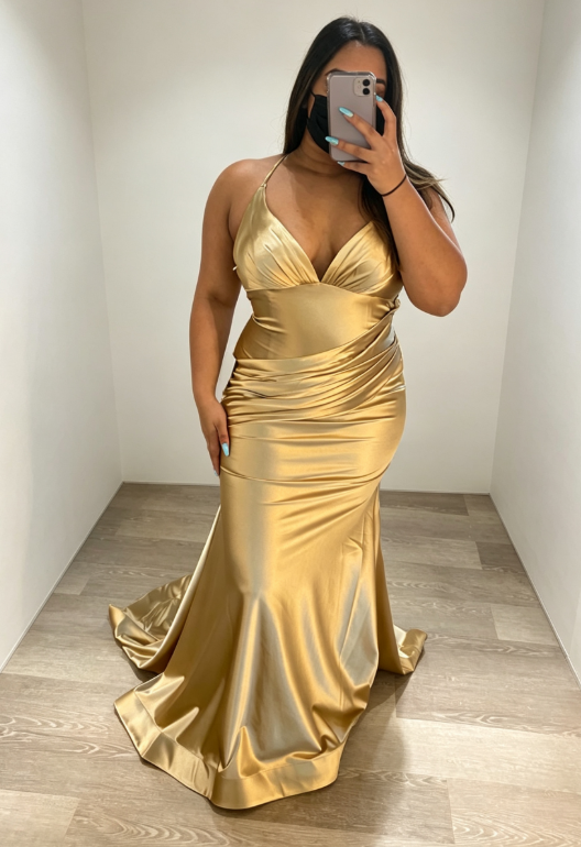 Chic Gold Wedding Guest Dress Straps Sheath Satin Long Evening Dress DP06038