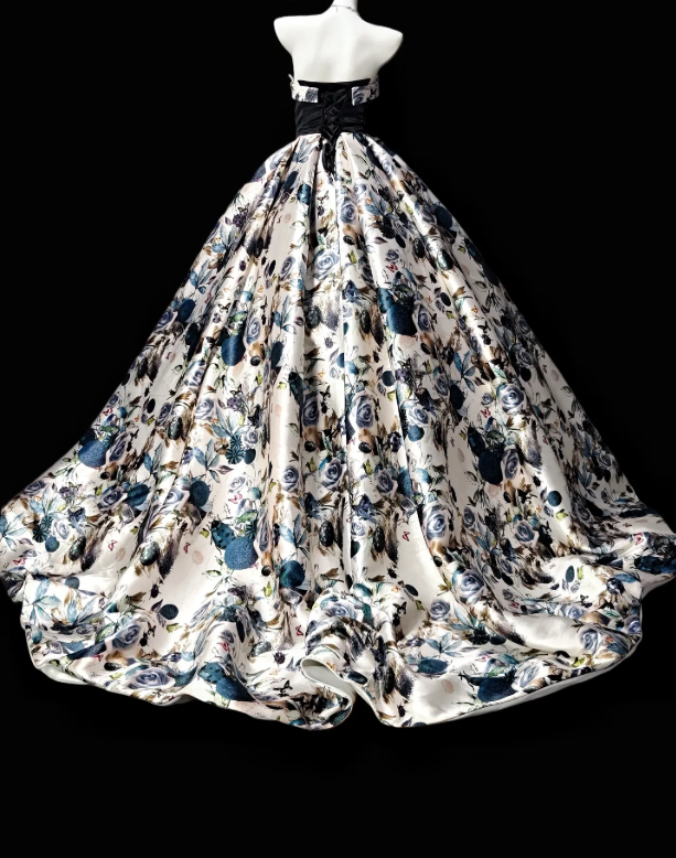 Gorgeous Floral Prom Dress Strapless A-Line Satin Long Evening Dress DP06044