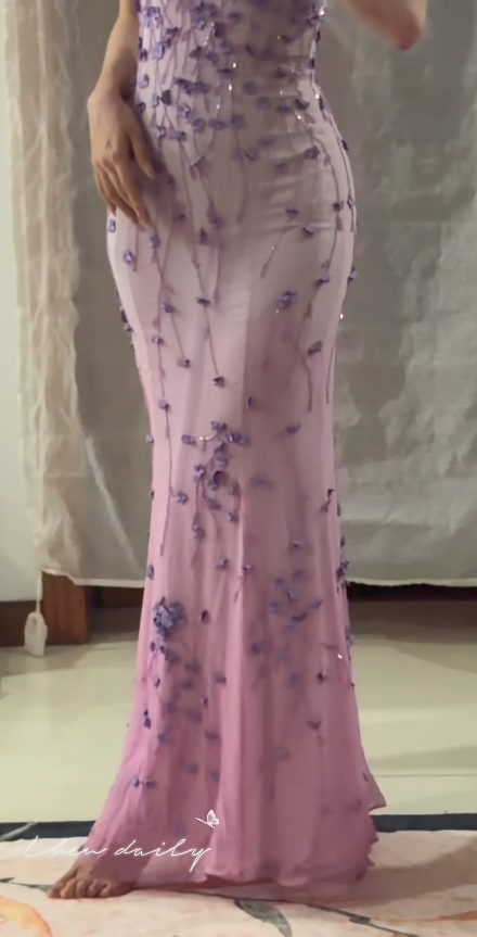 Gorgeous Pink Prom Dress Straps Sheath Chiffon Beaded Long Evening Dress DP06045