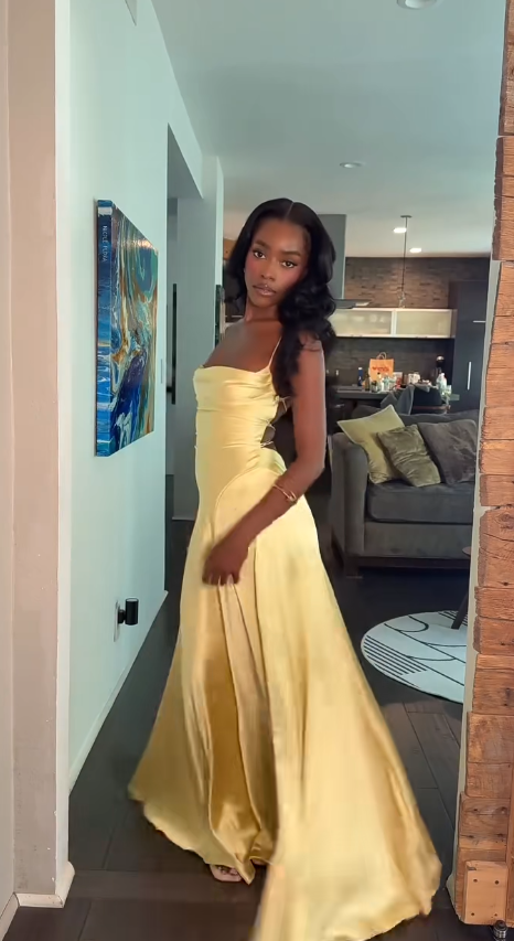 Chic Yellow Prom Dress Spaghetti Straps A-Line Satin Long Evening Dress DP06047