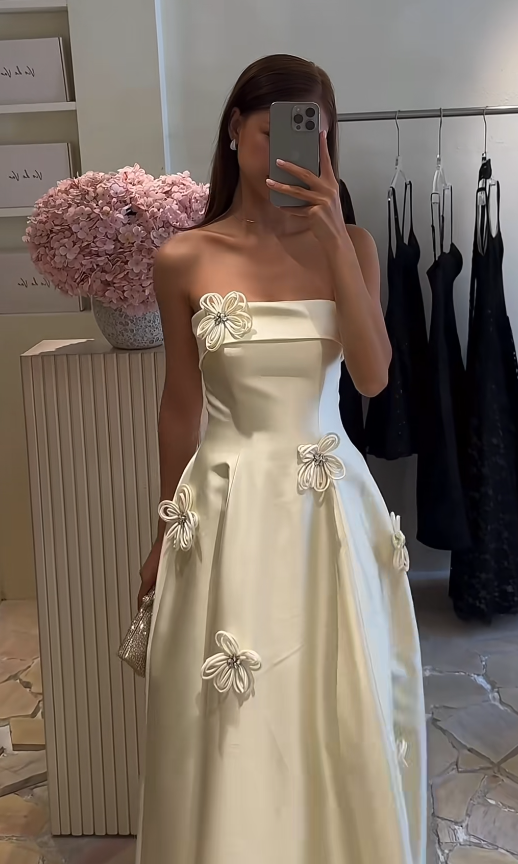 Modest Strapless White Wedding Dress Satin Bridal Dress A-Line Bridal Gown DP06055