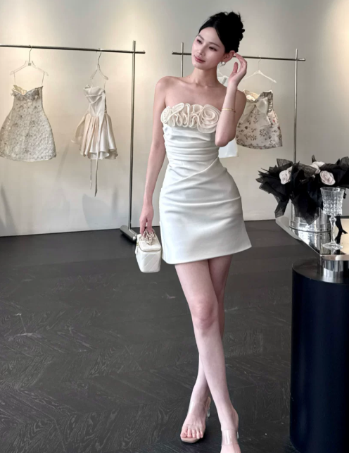 Chic White Birthday Dress Strapless Hoco Dress Sheath Satin Graduation Party Dress DP06072
