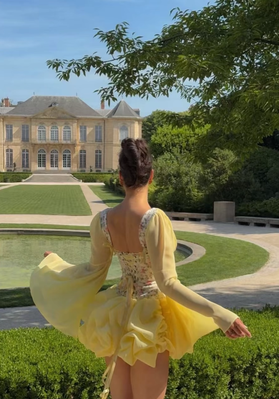 Chic Yellow Birthday Dress V-neck Hoco Dress A-Line Chiffon Graduation Party Dress DP06076