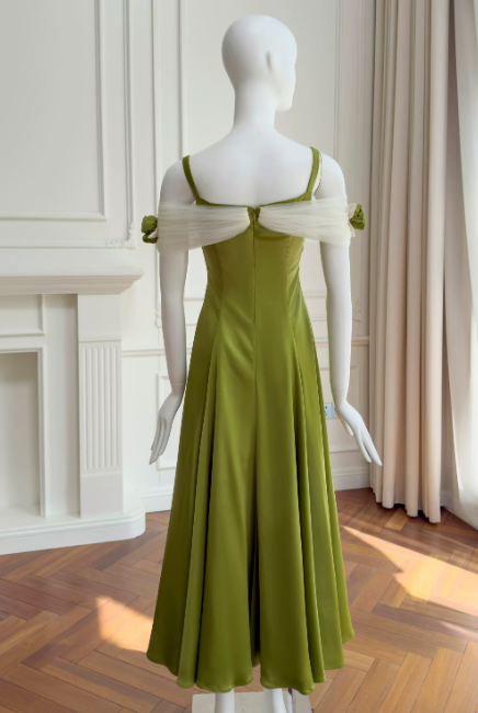 Chic Green Birthday Dress Straps Evening Dress Sheath Satin Graduation Prom Dress DP06079