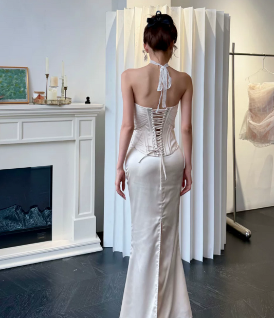 Chic White Long Evening Dress Sweetheart Sheath Prom Dress Satin Formal Dress DP06081