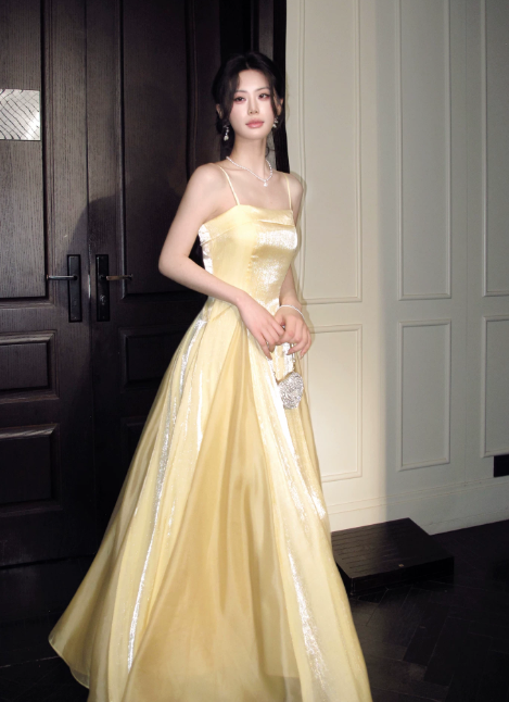 Chic Spaghetti Straps A-Line Long Evening Dress Chiffon Yellow Prom Dress DP06087