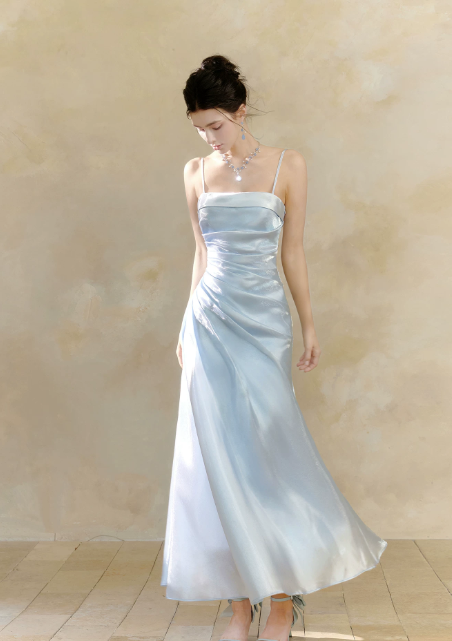 Cute Spaghetti Straps Sheath Long Evening Dress Chiffon Blue Prom Dress DP06089