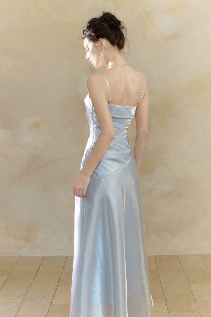 Cute Spaghetti Straps Sheath Long Evening Dress Chiffon Blue Prom Dress DP06089