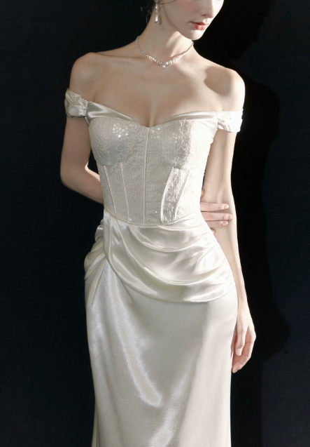 Cute Off-shoulder Sheath Long Evening Dress Satin White Prom Dress DP06090