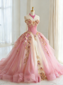Gorgeous Sweetheart Ball Gown Quicneanera Dress Tulle Appliques Pink Sweet 16 Dress DP06098