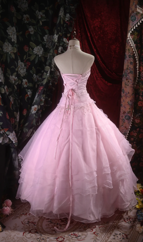 Gorgeous Strapless Ball Gown Quicneanera Dress Tulle Appliques Pink Sweet 16 DressDP06099