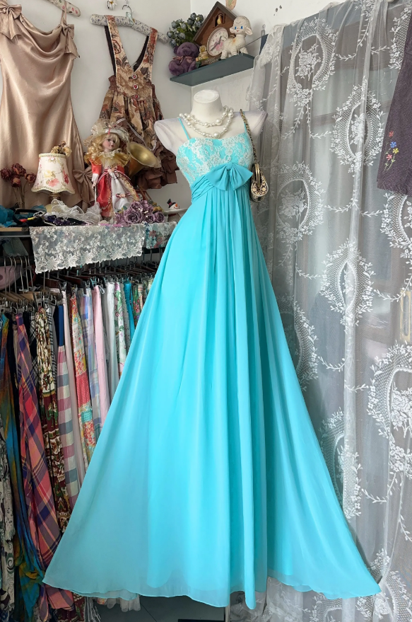 Chic Straps Sheath Chiffon Long Evening Dress Blue Prom Dress DP06115