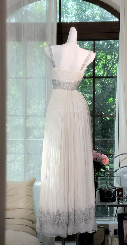 Chic Straps A-Line Chiffon Long Evening Dress White Prom Dress DP06116