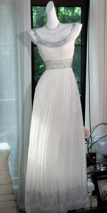 Chic Straps A-Line Chiffon Long Evening Dress White Prom Dress DP06116