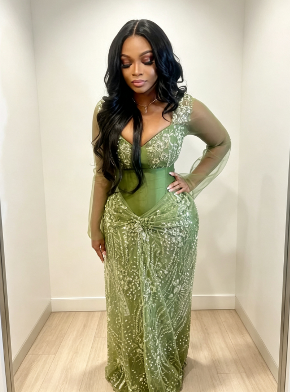 Simple Green Long Evening Dress Tulle Beaded Sheath Formal Dress DP06141
