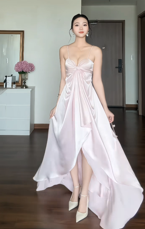 Chic Pink Long Evening Dress Satin Sheath Weddig Guets Dress DP06148