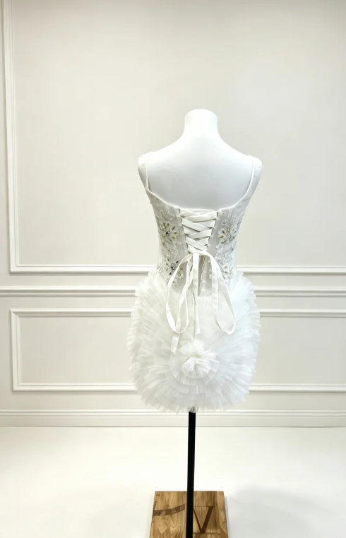 Chic White Hoco Dress Beaded Tulle Dress for Party Dress Sheath Birthday Dress DP06158