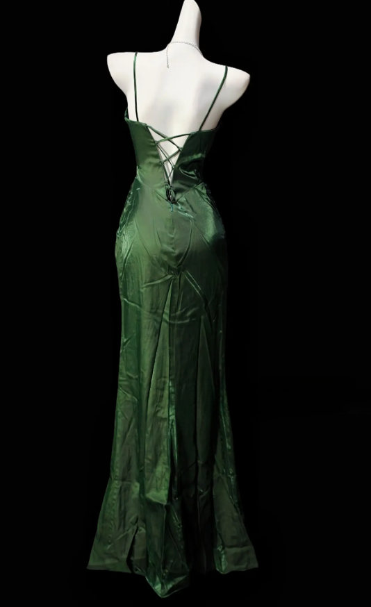 Chic Dark Green Formal Dress Spaghetti Straps Sheath Dress for Party Satin Evening Dress with Slit DP06168