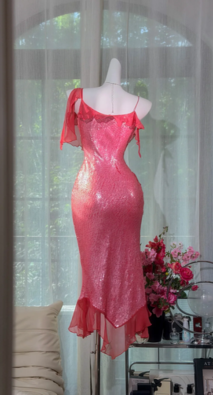 Vintage Red Formal Dress Spaghetti Straps Sheath Dress for Party Sequins Chiffon Evening Dress DP06173