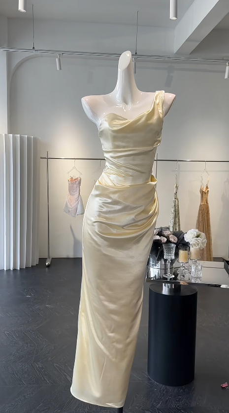 Simple Yellow Birthday Dress One-shoulder Sheath Prom Dress Satin Formal Dress DP06180