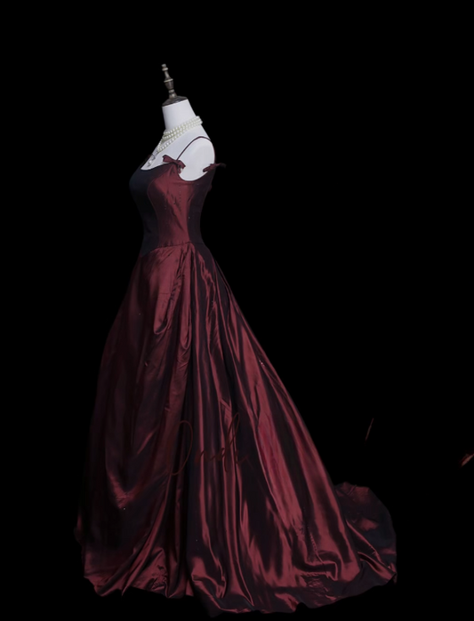 Chic Dark Red Prom Dress Spaghetti Straps A-line Satin Long Evening Dress DP06182