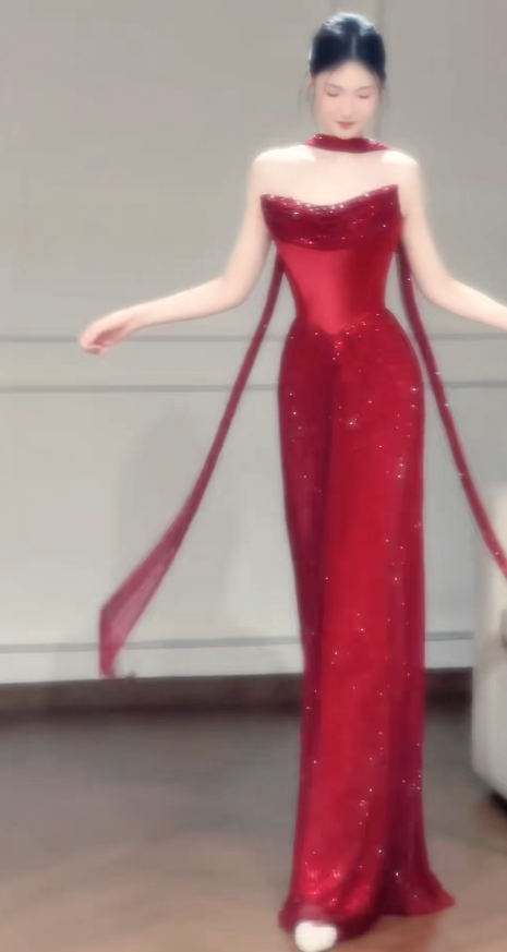 Chic Red Prom Dress Strapless Sheath Tulle Long Evening Dress DP06184