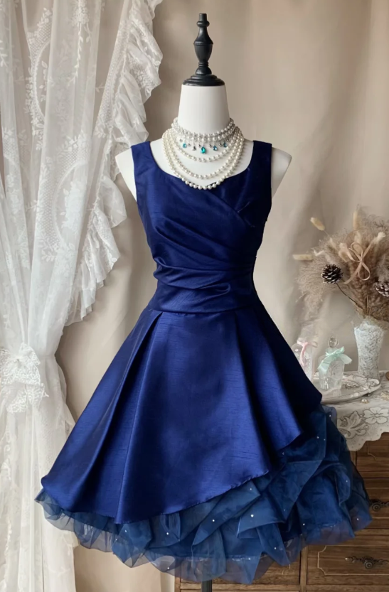 Glam Navy Blue Birthday Dress V-neck A-Line Party Dress Satin Hoco Dress DP06192