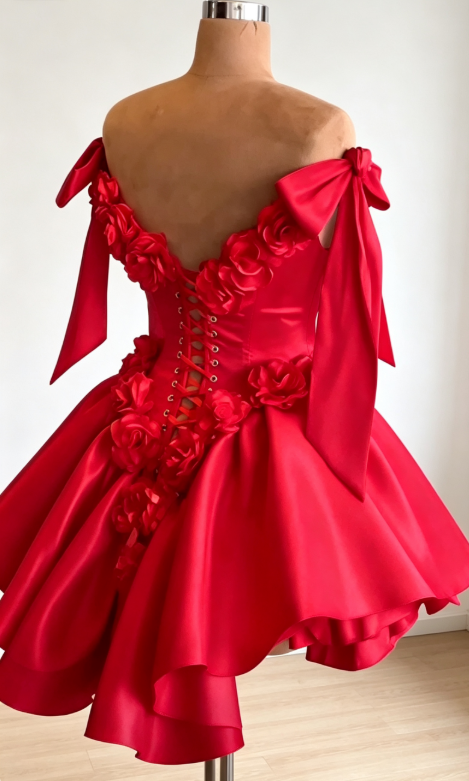 Glam Red Birthday Dress Off-shoulder A-Line Party Dress Satin Hoco Dress DP06199
