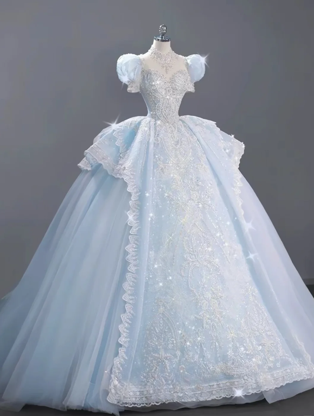 Fairy Tulle Ball Gown Quinceanera Dress Applique Blue Sweet 16 Dress DP06201