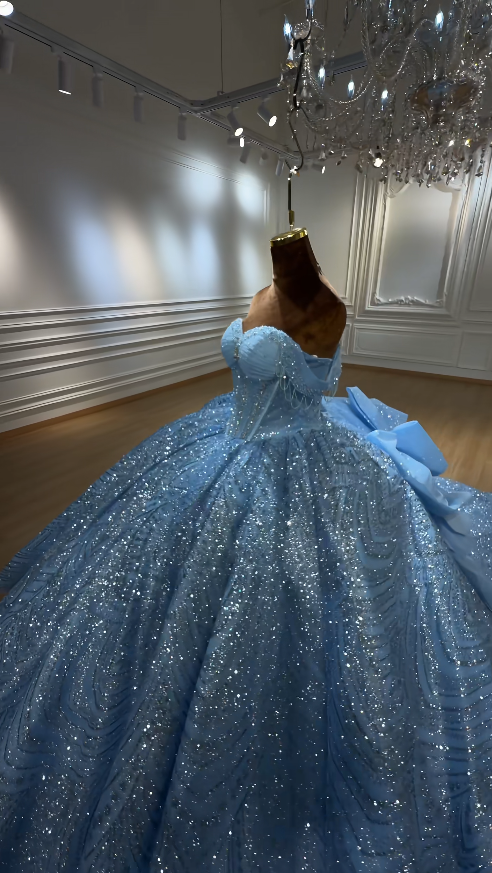 Fairy Off-shoulder Tulle Ball Gown Quinceanera Dress Seuqins Blue Sweet 16 Dress DP06204