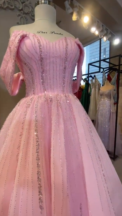 Chic Pink Prom Dress Off-shoulder A-Line Tulle Long Evening Dress DP06212