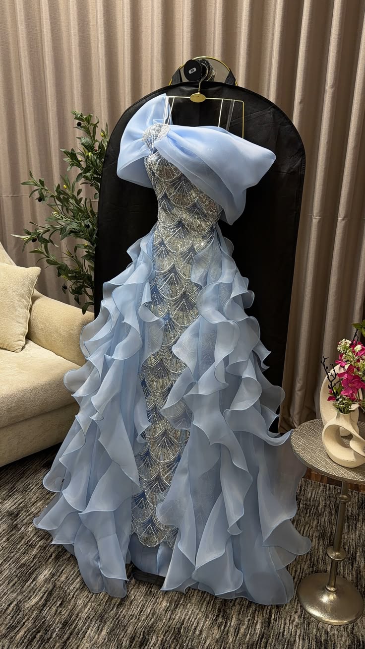 Chic Blue Prom Dress Off-shoulder Sheath Chiffon Long Evening Dress DP06213
