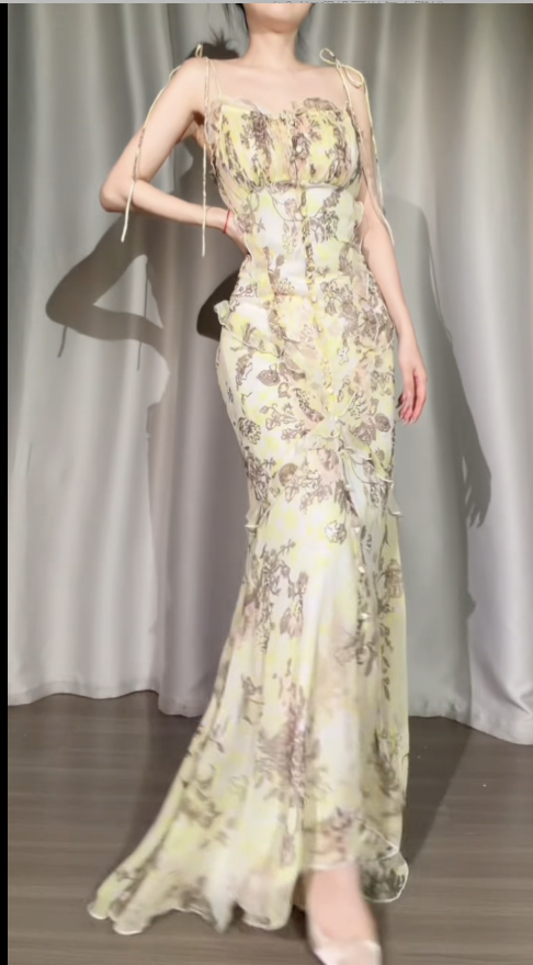 Chic Yellow Prom Dress Straps Sheath Floral Chiffon Long Evening Dress DP06216