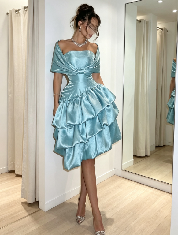 Fashion Blue Hoco Dress Satin A-Line Birthday Dress Off-shoulder Party Dress DP06228