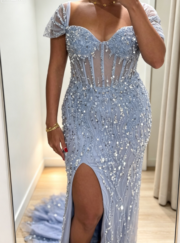 Glam Blue Prom Dress Sequins Sheath Slit Long Evening Dress DP06231