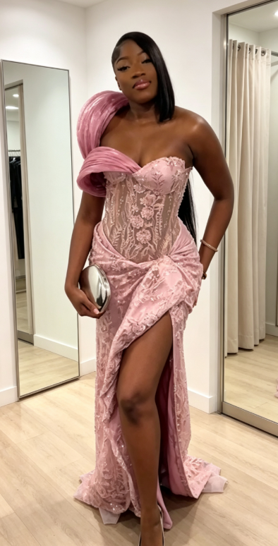 Glam Pink Prom Dress One-shoulder Sheath Appliques Tulle Long Evening Dress DP06233