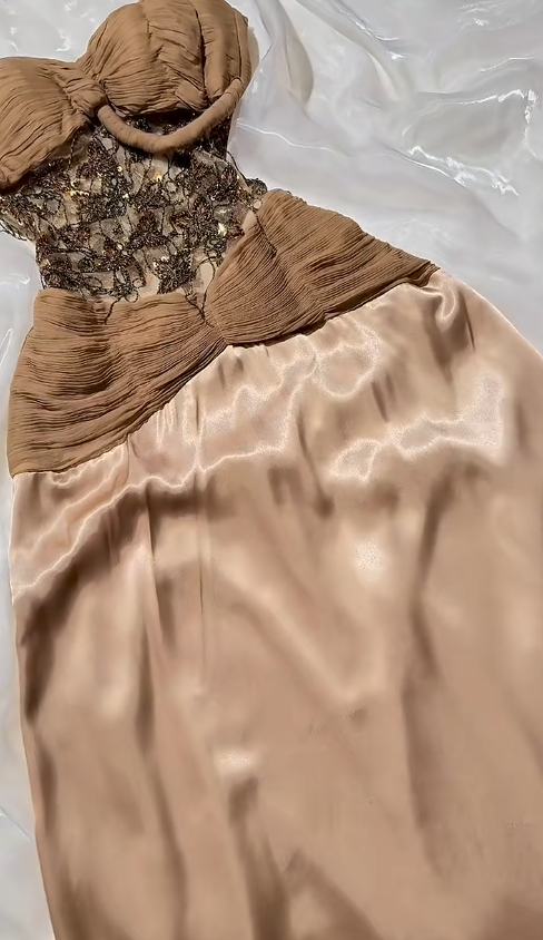 Elegant Brown Evening Dress Beaded Satin Straps Sheath Prom Dress DP06237