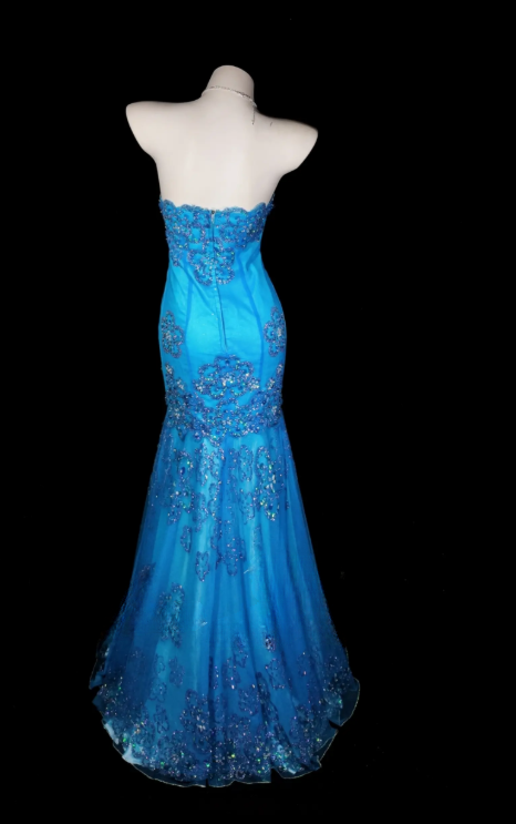Chic Blue Evening Dress Strapless Mermaid Prom Dress Tulle Sequins Formal Dress DP06244