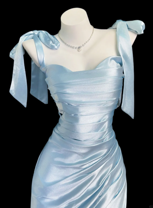 Chic Blue Evening Dress Straps Sheath Prom Dress Satin Formal Dress DP06248