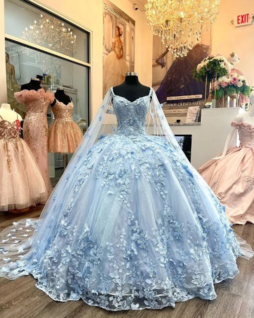 Fairy Blue Quinceanera Dress Straps Ball Gown Birthday Dress Tulle Appliques 16th Birthday Dress DP06273