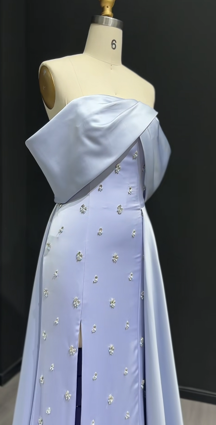 Chic Off-shoulder Sheath Beaded Satin Long Evening Dress Blue Prom Dress DP06280