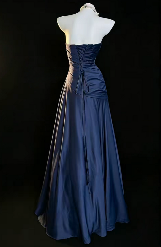 Chic Strapless A-Line Satin Long Evening Dress Navy Blue Prom Dress DP06287